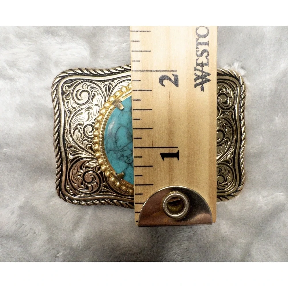 Gold Tone Western Scroll Work Belt Buckle With Faux Turquoise Stone Rodeo